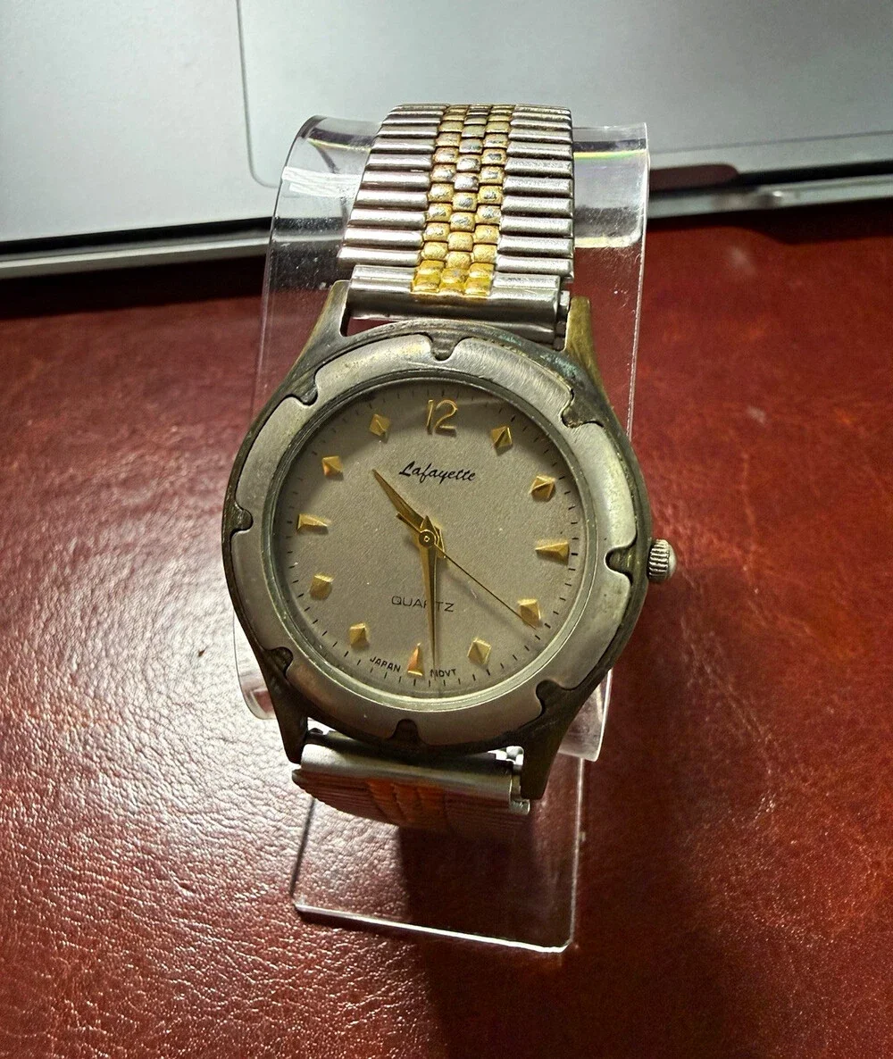 Vintage Lafayette Quartz Two Tone Analog Watch Silver Dial Metal Bracelet